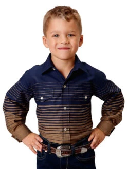 Boys Roper Border Stripe Snap Shirt -Best Equestrian Store boys border stripe navy front 0103000430455 roper 94140.1663121468