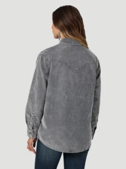 Wrangler Corduroy Fade Snap Shirt -Best Equestrian Store corduroy fade snap shirt grey back 112336505 wrangler 29521.1689451699