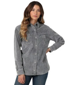Wrangler Corduroy Fade Snap Shirt -Best Equestrian Store corduroy fade snap shirt grey front 112336505 wrangler 63803.1689451691