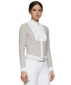 Cavalleria Toscana Crochet Bib Long Sleeve Shirt -Best Equestrian Store crochet bib LS shirt grey front CAD131 JE140 8100 CT 69848.1649191666
