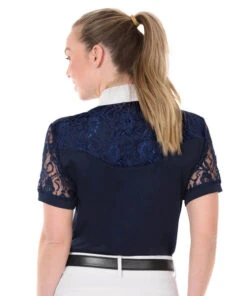 Ovation Elegance Lace Short Sleeve Show Shirt -Best Equestrian Store elegance lace ss navy rider back 471198 ovation 65380.1626029095