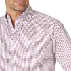 Wrangler George Strait Short Sleeve Shirt -Best Equestrian Store george strait ss shirt mini plaid fuchsia detail MGSP855 wrangler 48633.1615762121