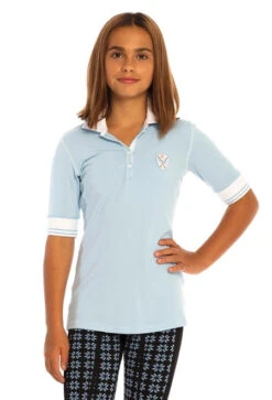 Girls Goode Rider Champion Polo -Best Equestrian Store girls champion polo blue sky front 18046 G 2342 goode rider 30887.1650826483