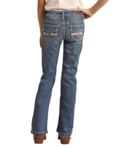Girls Rock & Roll Cowhide Trim Bootcut Jean -Best Equestrian Store girls cowhide trim jean back RRGD4MR108 BZ RR 75696.1678746161