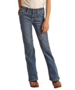 Girls Rock & Roll Cowhide Trim Bootcut Jean -Best Equestrian Store girls cowhide trim jean front RRGD4MR108 BZ RR 33654.1678746163