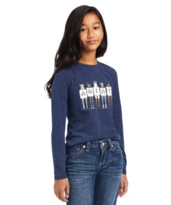 Ariat Girls Fan Club Tee Long Sleeve -Best Equestrian Store girls fan club tee ls navy.hth front 10041252 ariat 93903.1661303754