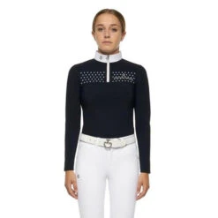 Girls Cavalleria Toscana Flock Dot Polo Long Sleeve -Best Equestrian Store kid flock print polo navy front POA077 JE152 7901 cavalleria toscana 99751.1656797677