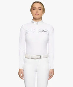 Girls Cavalleria Toscana Flock Dot Polo Long Sleeve -Best Equestrian Store kid flock print polo ss white front POA077 JE152 0001 34149.1659719971