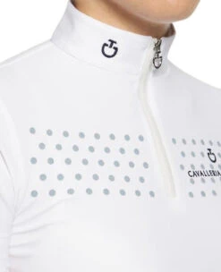 Girls Cavalleria Toscana Flock Dot Polo Long Sleeve -Best Equestrian Store kid flock print polo ss white front detail POA077 JE152 0001 08790.1659719981