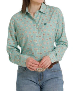 Cinch ArenaFlex Green Print Shirt 6 Cinch ArenaFlex Green Print Shirt -Best Equestrian Store lds arenaflex print sl green front MSW9163011 cinch 93147.1678830659