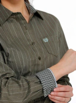 Cinch Ladies Cotton Performance Shirts Prints -Best Equestrian Store lds cinch dot stripe ls olive detail MSW9164191 miller 15997.1671482542