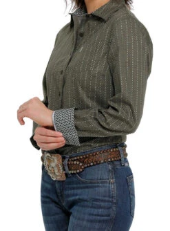 Cinch Ladies Cotton Performance Shirts Prints -Best Equestrian Store lds cinch dot stripe ls olive front MSW9164191 miller 82541.1677547254