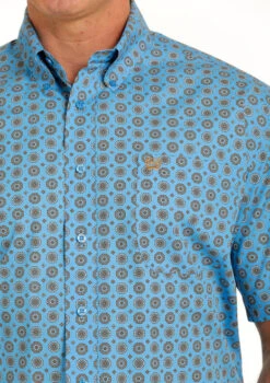 Men's Cinch Geo Print Shirt Short Sleeve -Best Equestrian Store medallion print ss blue detail MTW1111423 cinch 01836.1684806049