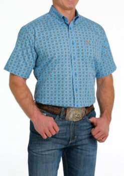 Men's Cinch Geo Print Shirt Short Sleeve -Best Equestrian Store medallion print ss blue side MTW1111423 cinch 50549.1684806043