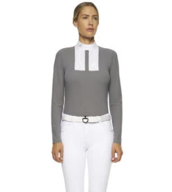Cavalleria Toscana Poplin Bib Competition LS Polo -Best Equestrian Store poplin bib jersey comp polo LS grey front POD256 JE022 8980 CT 20230.1655842549