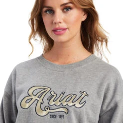 Ariat REAL Metallic Varsity Logo Crop Sweatshirt -Best Equestrian Store real metallic varsity crop heather grey detail 10041817 ariat 35868.1660599776