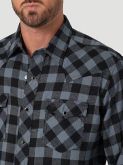 Men's Wrangler Black Buffalo Plaid Shirt -Best Equestrian Store retro buffalo plaid black detail 112330472 wrangler 45917.1689457985