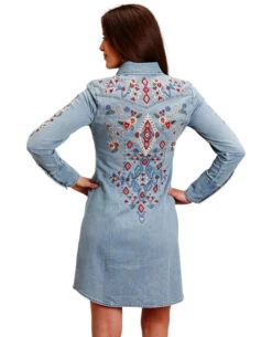 Stetson Southwest Embroidered Denim Dress -Best Equestrian Store southwest embroidered dress denim back w 1105705942010 stetson 20993.1678326343