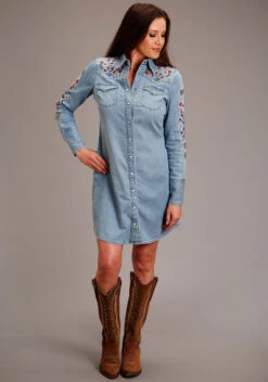 Stetson Southwest Embroidered Denim Dress -Best Equestrian Store southwest embroidered dress denim front 1105705942010 stetson 72548.1678230659